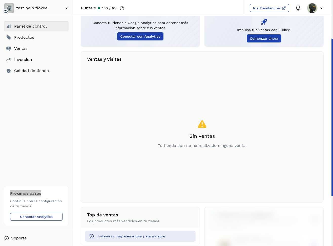 Panel de control con botón Comenzar ahora