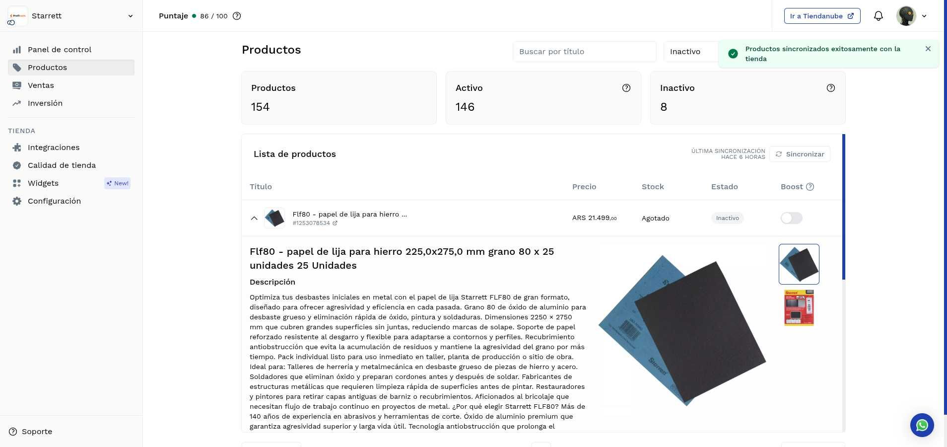 Estado de sincronización de productos
