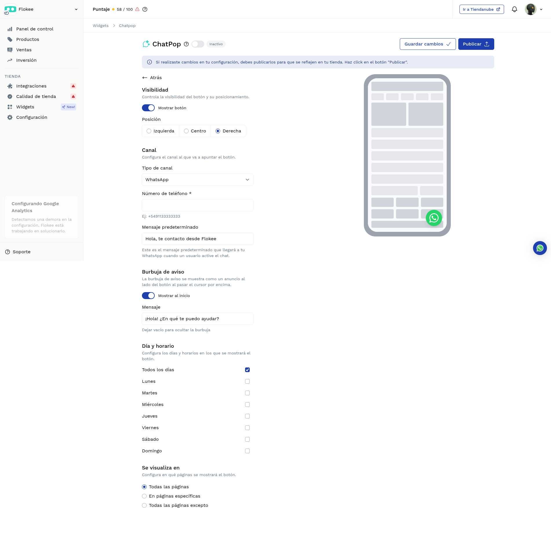 Panel de configuración de ChatPop